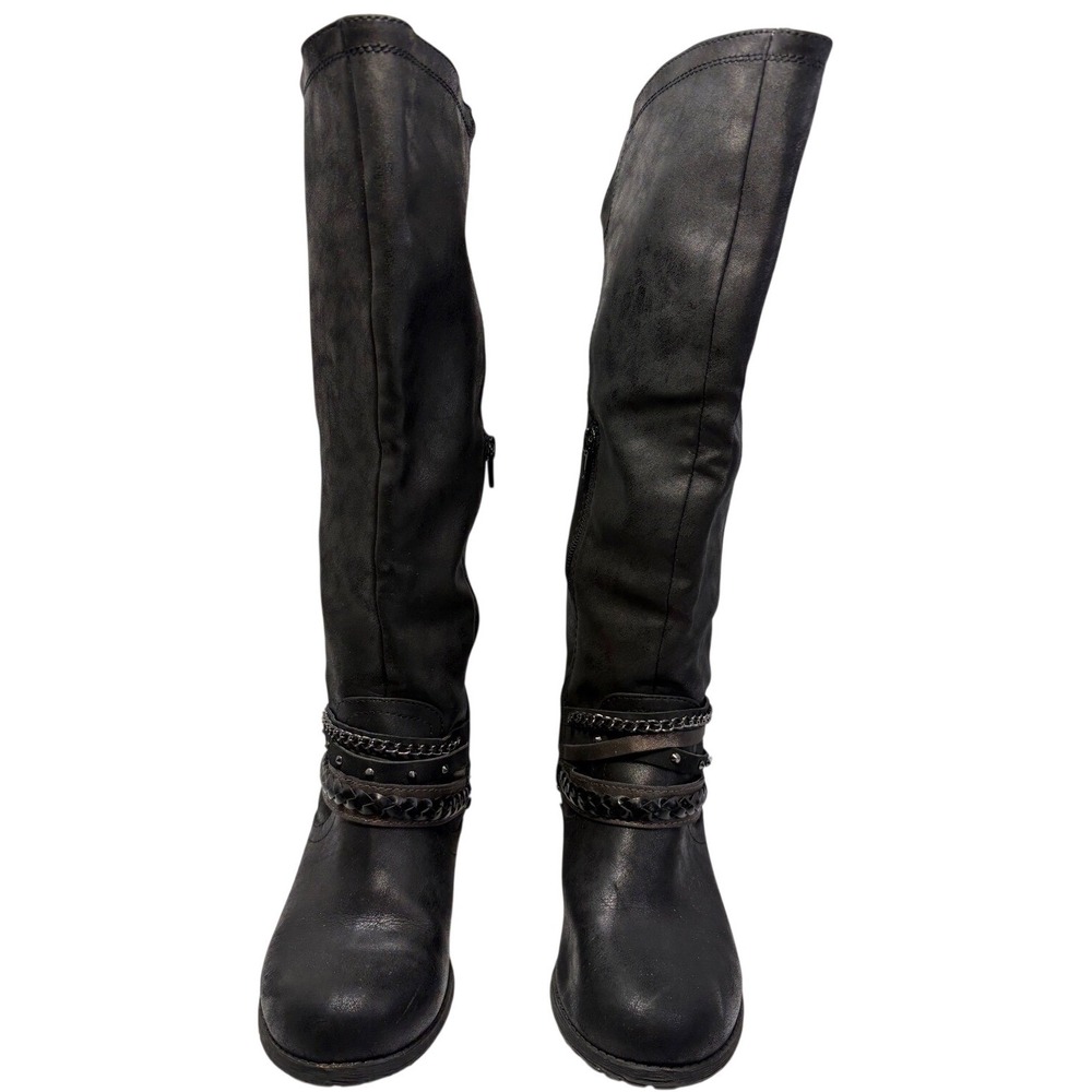 Womens Black Moto Tall Knee High Boots with Chain Studded Straps Round Toe